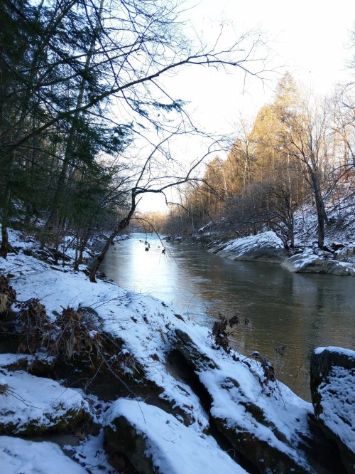 Snow-encrusted banks along a river glisten under a setting sun that paints the surrounding forests in gold hues and shadows.