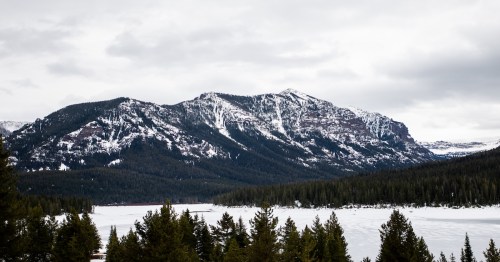 snow-covered mountains in hyalite canyon with winter trees and powdered snow covering the grounds in montana