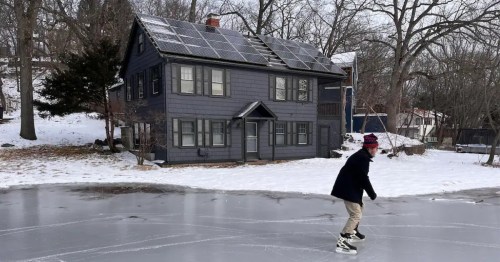 * Charming snow-covered cabin in Massachusetts with private pond, perfect for winter ice skating and cozy seasonal getaways.