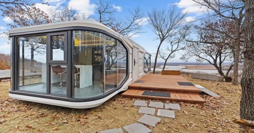 fully furnished E7 with an outdoor deck and stone steps in a remote town in oklahoma