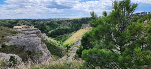 A rolling landscape dotted with greenery is well-lit by a blue sky dotted with fluffy clouds.