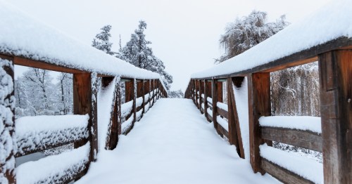 A footbridge covered with snow in Missouri.