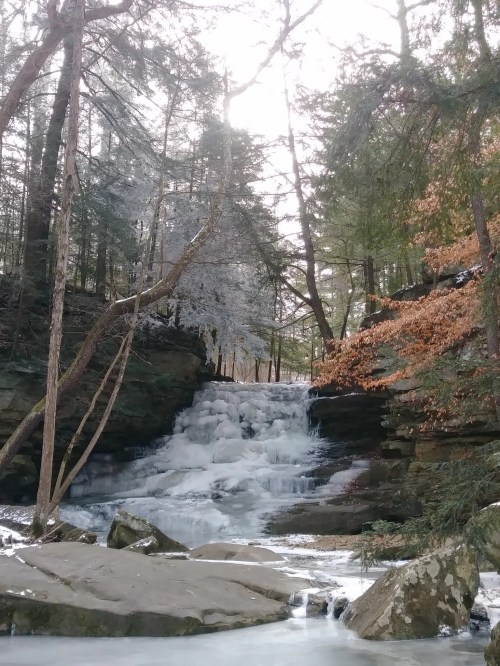 An ice-encrusted waterfall trickles down into a creek in Central Ohio.