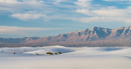 Sand ripples in the dunes and the San Andreas Mountains at White Sands National Monument near Alamogordo, New Mexico on November 19, 2019
