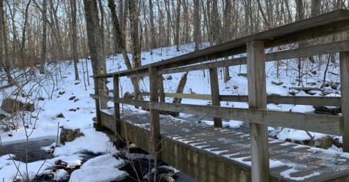 An old wooden bridge over a creek, leading to a snowy forest.