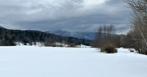 A wide snowy field under a dramatic gray sky, with a dark forest line and distant, snow-striped mountains.
