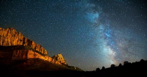 a dark blue sky filled with thousands of stars at zion national park