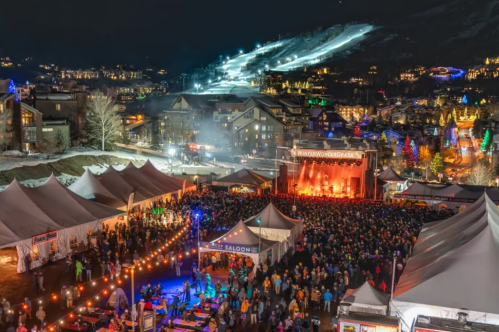 Aerial shot of WinterWonderGrass Festival in Steamboat Springs, Colorado