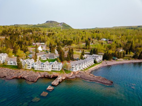 Aerial view of hotel on lake shore