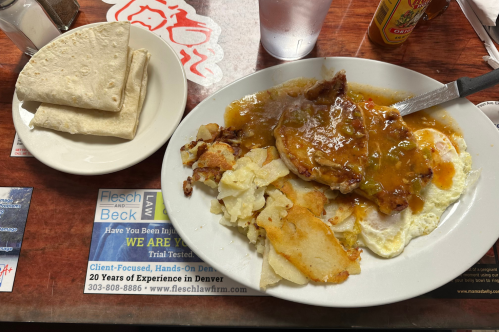 Pork chops breakfast at Mike's Cafe in Englewood, Colorado
