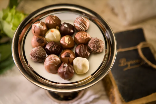 Signature truffles on a plate at Wiseman House Chocolates in Hico, Texas