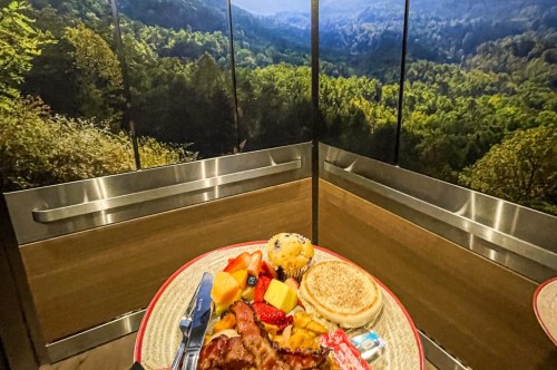 A glorious mound of breakfast goodies like bacon, fresh fruit, and an English muffin is held up in the elevator where the walls are wrapped in mountain scenery.