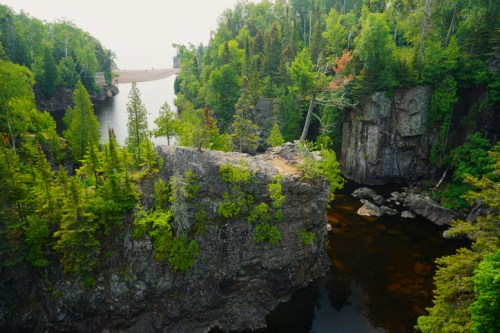Aerial view of granite rocks in Midwestern state park along Great Lakes