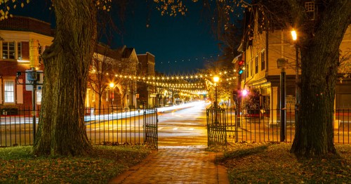 Strung lights illuminate a historic Annapolis street at night, viewed through an open iron gate framed by large trees.