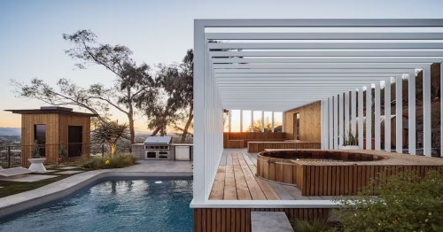 pool with a patio and cabana in a spa Airbnb in Arizona