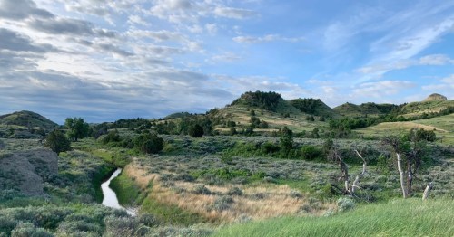 A winding stream cuts through a lush green valley and rolling hills under a cloudy sky.