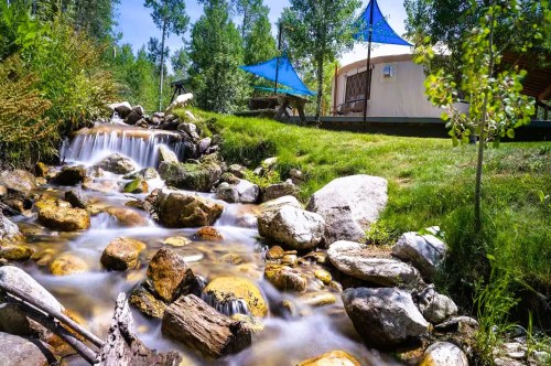 A romantic yurt Airbnb nestled in a serene landscape with towering trees and a flowing creek with cascasing waterfalls
