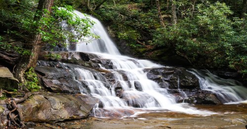 waterfall down layers of heavy rocks surrounded by trees in the great smoky mountains
