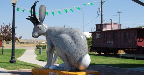 Giant jackalope statue at the Douglas Railroad Interpretive Center and Museum in Douglas, Wyoming.