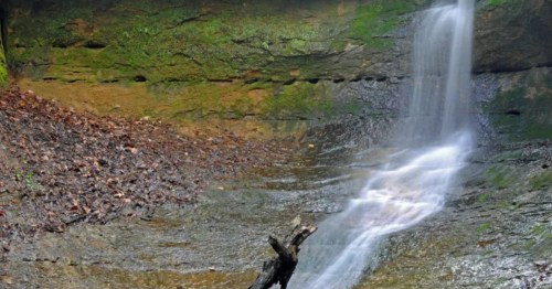 A long exposure of a misty, small waterfall at Shades State Park in Indiana.