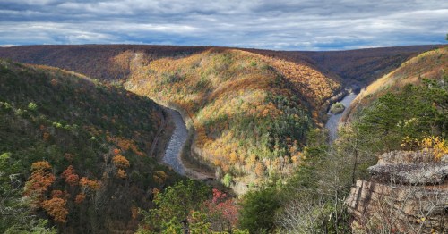 A high-angle view of a winding river through a deep canyon filled with vibrant autumn foliage under a cloudy sky.