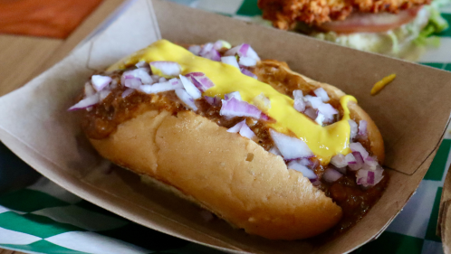 A Coney Island hot dog in Michigan loaded with chili, mustard, onions, and more.