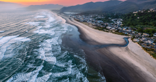 Aerial View of Sunset over Rockaway Beach on the Oregon Coast.