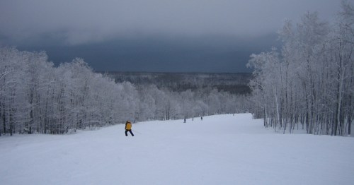 Skiers, one wearing a yellow jacket with black sleeves, descend a snowy slope between frost-covered trees. A foggy Lake Superior is visible in the distance, beyond the forest.