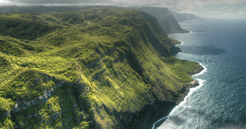 green hills and cliff above the ocean
