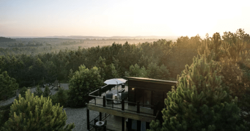 exterior shot of an airbnb in the middle of a green forest in oklahoma
