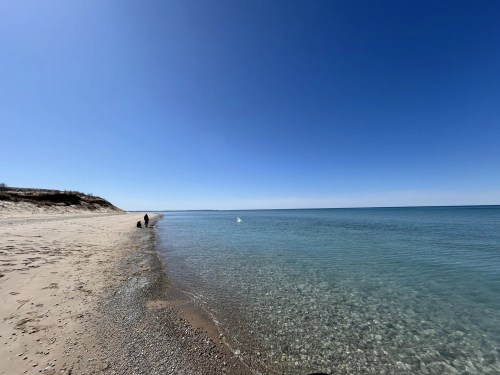 A sandy shore runs along the clear waters of Lake Michigan.