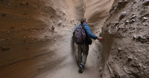 A hiker wearing blue follows a path tightly contained between smooth walls of eroded desert rock.