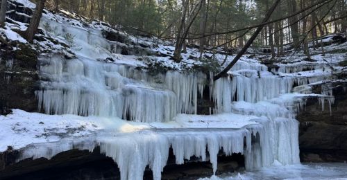 Icicles overhanging a cliff in a forest.