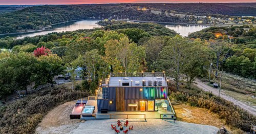 A container home Airbnb in Arkansas with great views.