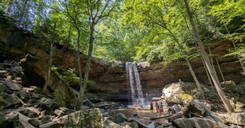 Hikers gather to take in the view of Cucumber Falls in Pennsylvania