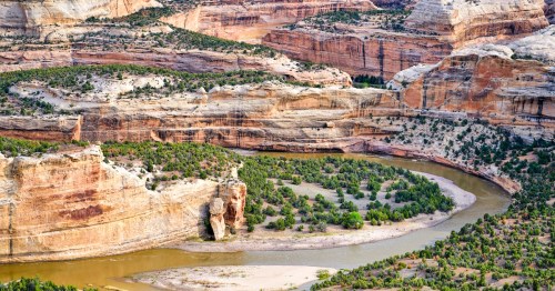 Wide aerial view of a winding river through layered rock canyons at Dinosaur National Monument in Utah.