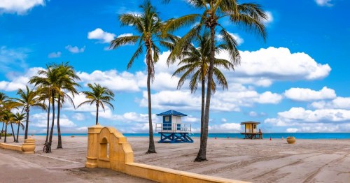 A scenic beachside at Hollywood Beach in Florida, lined with palm trees, featuring a blue lifeguard tower, and calm ocean waters.