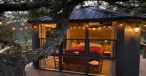 a dark brown treehouse with transparent windows and yellow fairy lights inside in florida