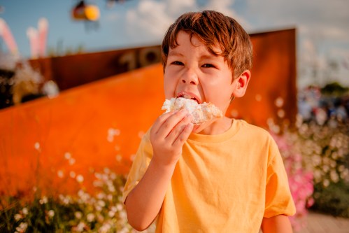 A little boy eating a cream puff at the Wisconsin State Fair