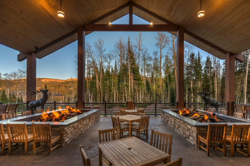 An shot of the porch seating area of Brian Head Lodge