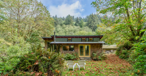 A small cottage with wood shingles sits in the middle of a lush forest on a sunny day.