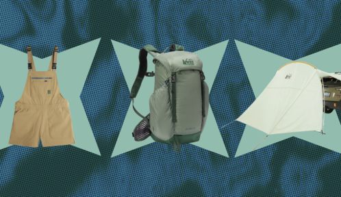Collage of products featuring a romper, backpack, and tent