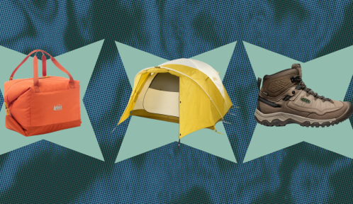 Collage of products featuring a soft cooler, tent, and hiking boot