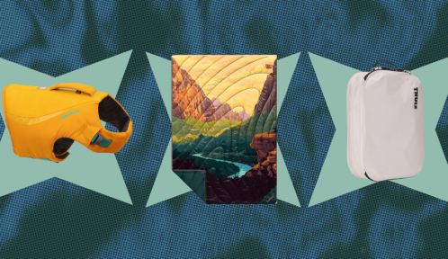 Collage of products: dog life vest, blanket, and packing cube
