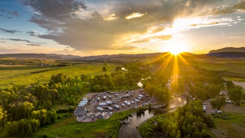 Aerial view of RV campground at sunset