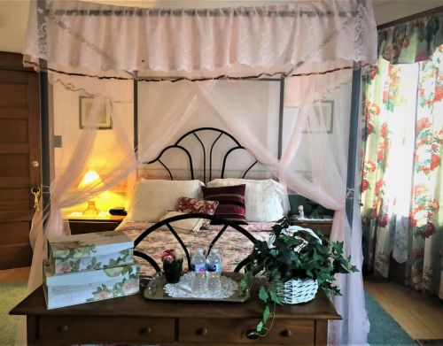 A Victorian-era bed with an overhead canopy.