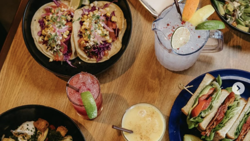 Aerial view of comfort food on a table