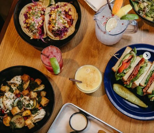 Aerial view of comfort food on a table