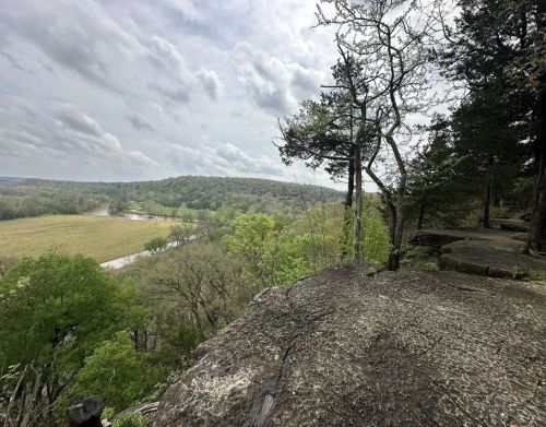 A bluff overlooking a field and forest.