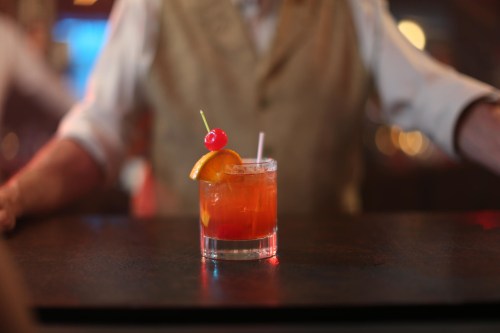 A Wisconsin Old Fashioned on the bar at Buckthorn Supper Club